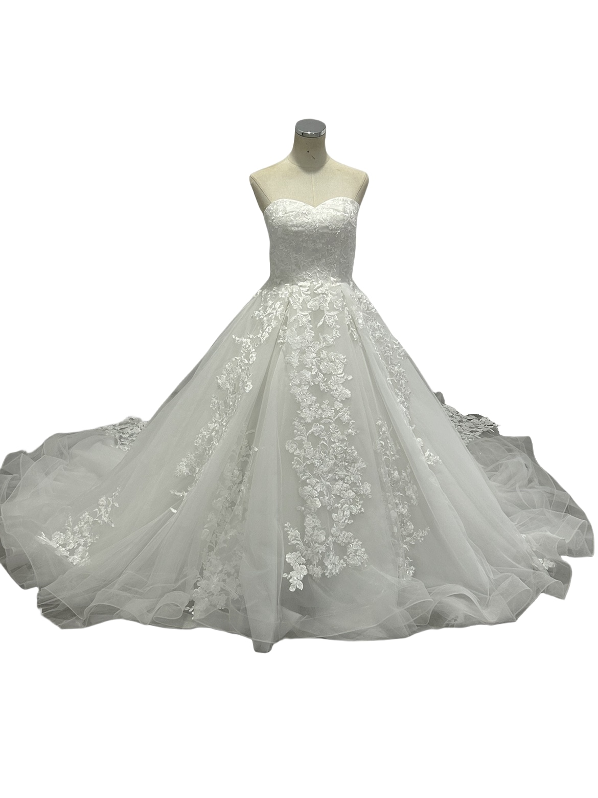 華やか ウェディングドレス ベアトップ 華やかなトレーン 流れる透け花レース 大人っぽい 結婚式