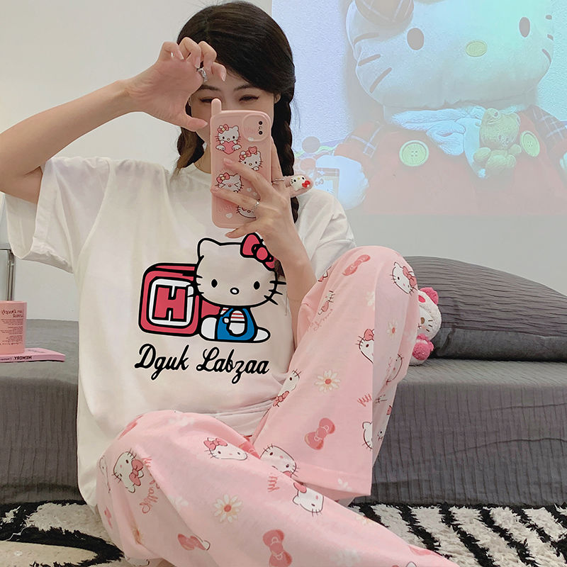 （一部1～3日出荷）ハローキティパジャマ女性夏2025新綿半袖ズボンかわいいハローキティ家服セット