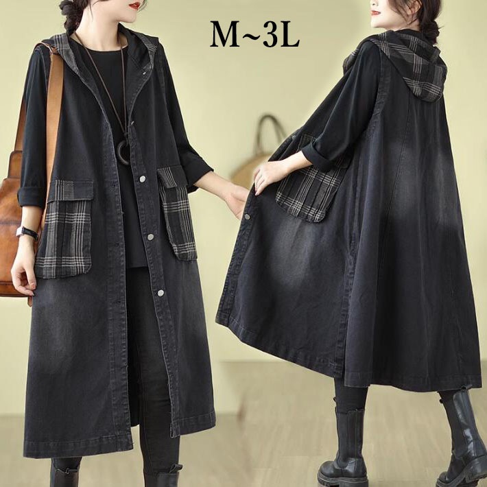 デニムベスト　ベスト　レディース　デニム ジャケット　 コート　アウター　大きいサイズ　ロング　フード付き　ノースリーブ 長袖 ゆったり カジュアル　春秋　M L　2L 3L