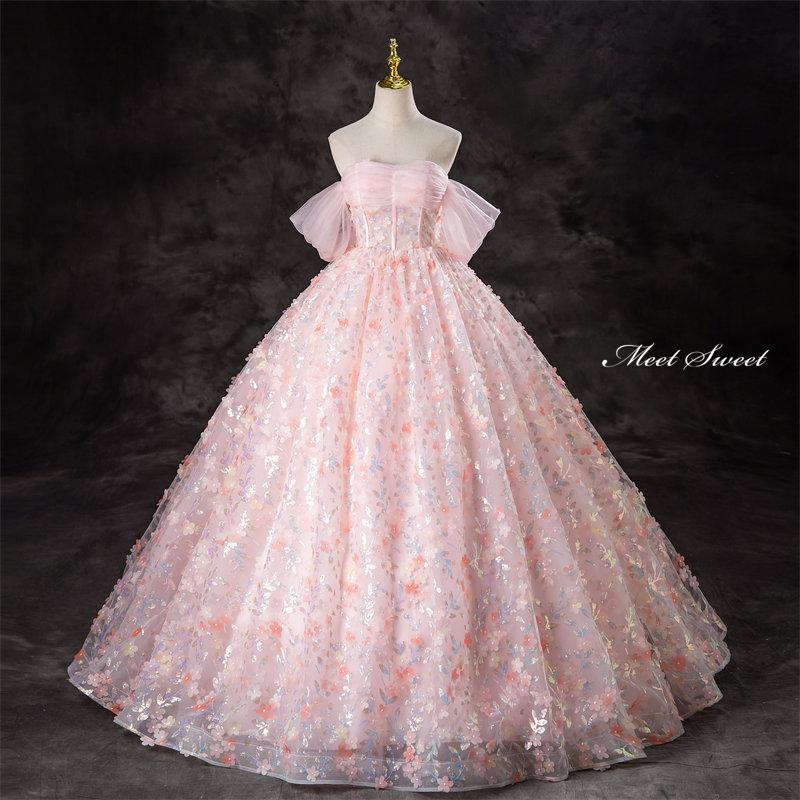 カラードレス ピンク フラワー 花柄 オフショルダー ウェディングドレス ロングドレス 結婚式 二次会 演奏会 発表会 大人 ステージドレス ウエディングドレス