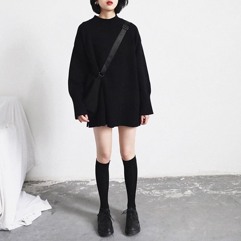 レディース トップス ニット セーター プルオーバー チュニック 長袖 ボトルネック スリット サイドスリット シンプル カジュアル おしゃれ こなれ感 ラフ ボーイッシュ ルーズ 主役級 カレッジ風