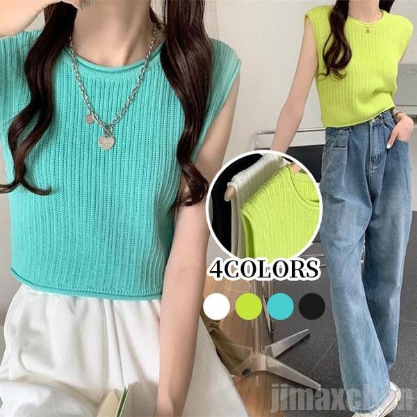 気楽 tシャツ レディース ニット サマーニット ニットtシャツ 夏 プルオーバー ノースリーブ 袖なし デイリー ガーリー ベーシック クルーネック 高級感 レトロ ショート丈 4,681円