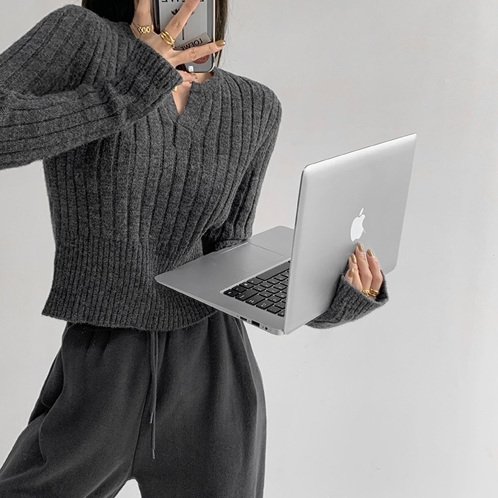 セーター ニット トップス キーネック リブ クロップド丈 ドロップショルダー 長袖 大人可愛い 上品 お洒落 こなれ感