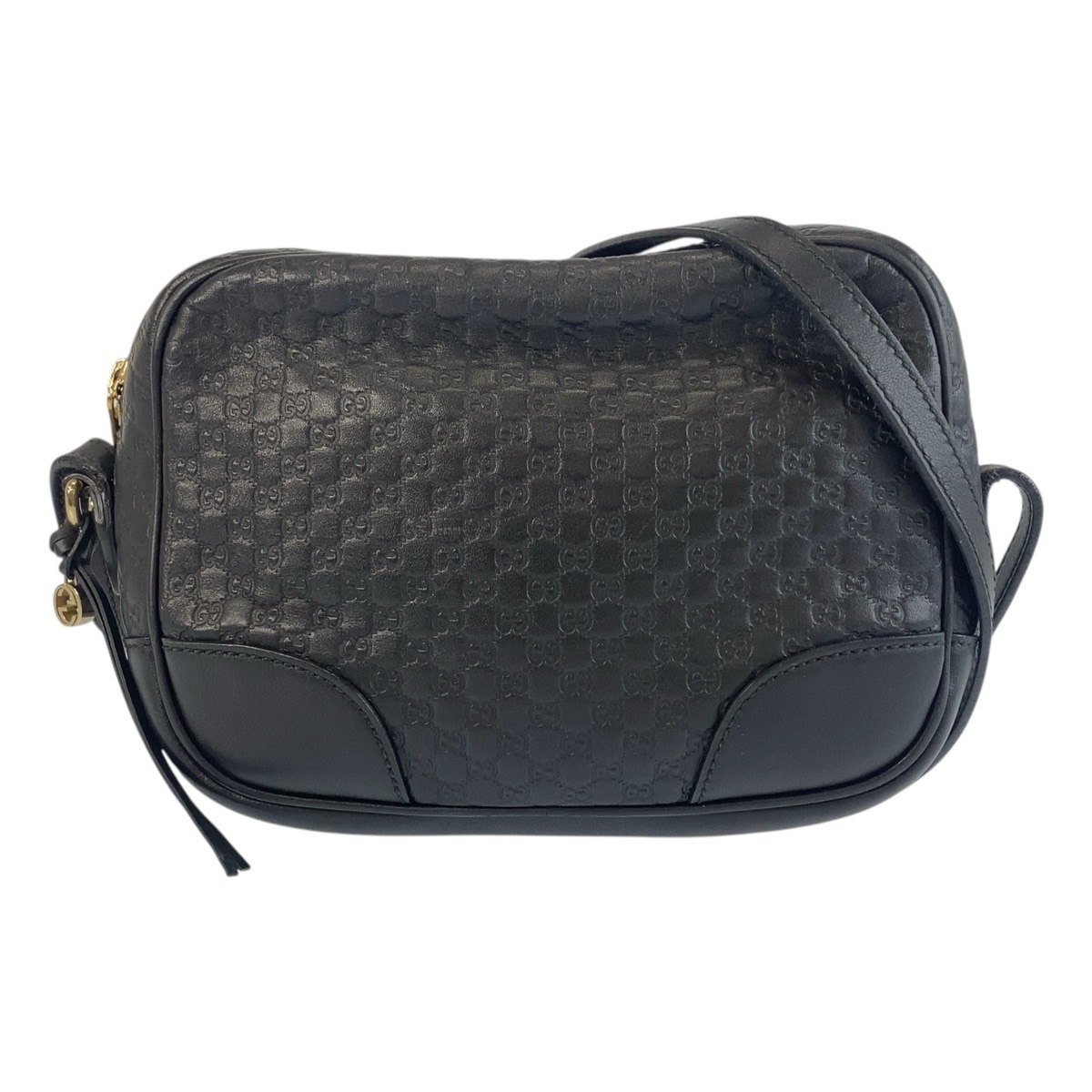 美品 マイクログッチシマ インターロッキング ブラック 黒 ゴールド金具 レザー 449418 ショルダーバッグ ポシェット レディース 504631