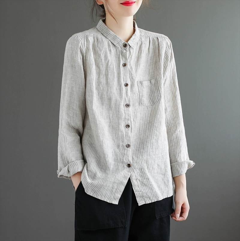 トップス シャツ ストライプ 袖あり 長袖 襟付き 前開き 綿 麻 リネン 薄手 コットン かわいい シンプル カジュアル 大人 上品 おしゃれ かっこいい アジアン 大人女子 ラフ メン