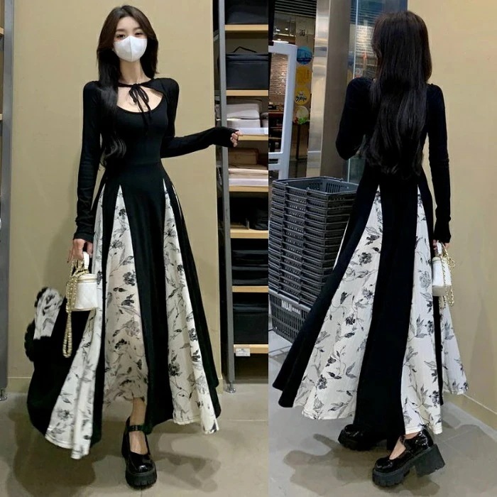 【急速出荷 2025年新作】花柄ワンピース ピンク 韓国 レトロ はながら フェミニン ガーリー スリット 20代 30代 40代 50代 大人 春 秋 レディース ロングワンピース プリーツ フロン