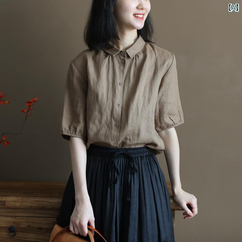 レディース　シャツ　トップス 3年または 5年 Y 390 文学的な な リネンの スリム シャツレトロ 森の レディーストップス 夏