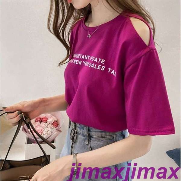 新生活 快適暮らし 4色 Tシャツ レディース オフショル 肩出し トップス 春 夏 カジュアル カッコイイ ラフ ト 個性的 半袖 ロゴ パープル ホワイト オレンジ ブルー 紫 白 青 大