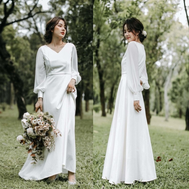 【 前撮り ドレス ワンピース 】 ウェディングドレス エンパイアライン スレンダー 長袖 Vネック 袖あり 結婚式 二次会 披露宴 前撮り 後撮り ビーチフォト 二次会ドレス 花嫁ドレス 花嫁 コン