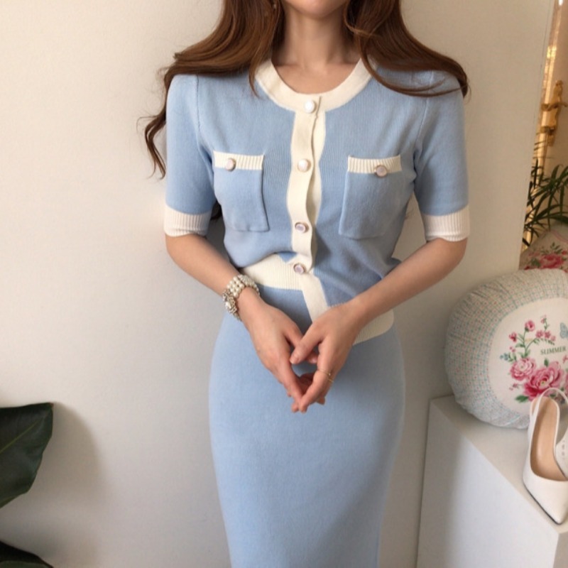 【セットアップ】半袖セーター＋ハイウエストスカート ロングスカート スーツ ツーピース ニットアップ ラウンドネック 韓国 シック ３カラー a2661 5,681円