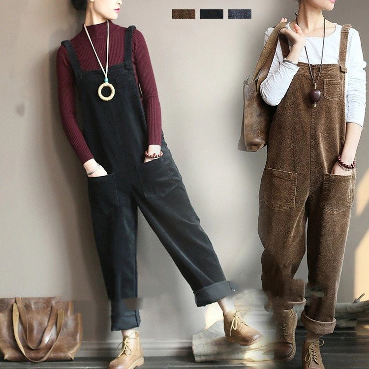 サロペットサロペットパンツコーデュロイパンツオールインワンレディースゆったりロング無