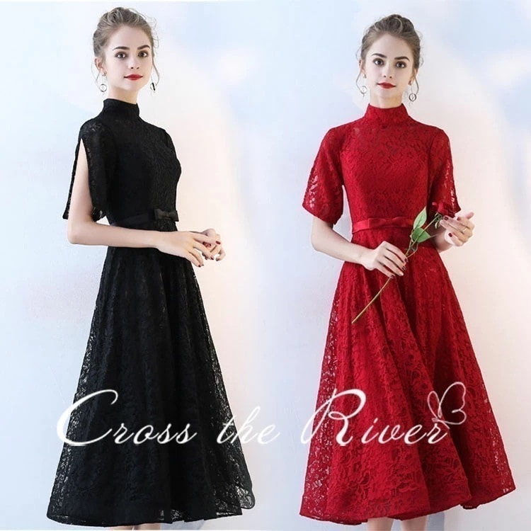 【急速出荷!】カクテルドレス 大人 ミモレ丈 ピアノ 発表会 ドレス 演奏会ドレス 半袖 ック スプリット袖 パーティードレス 結婚式 ウェディング レースドレス 二次会 花嫁 大きいサイズ イブニン