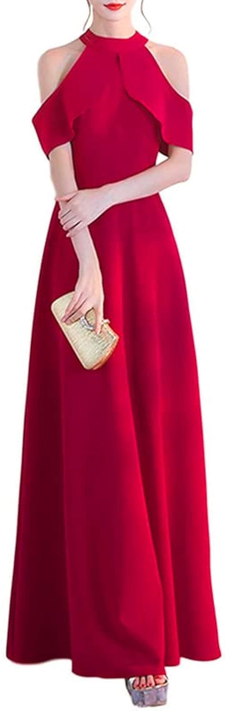 ゆったり Aライン ロングドレス ハイウエスト キャバドレス フレアスカート 上品 清楚 ホルターネック 結婚式 変形 個性的 袖なし ノースリーブ 大きいサイズ( レッド, S)