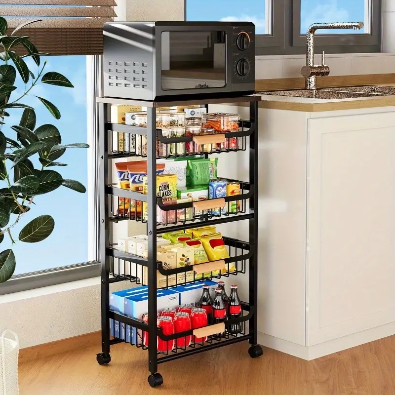 5段ヘビーデューティステンレススチールラック キャスター付き - 壁掛け省スペース収納棚 ガレージ・キッチン・バスルーム・オフィス用 多目的ユーティリティカート 簡単組立 コンパクトデザイン 頑丈構造