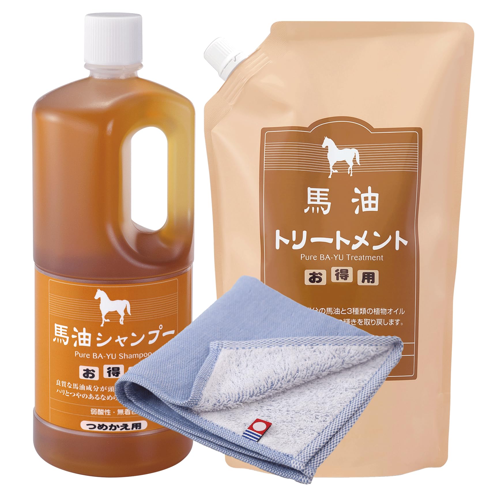 アズマ商事 馬油シャンプー＆馬油トリートメント お徳用詰替え2点セット【今治タオルハンカチ付き】 (ガーゼ生地)