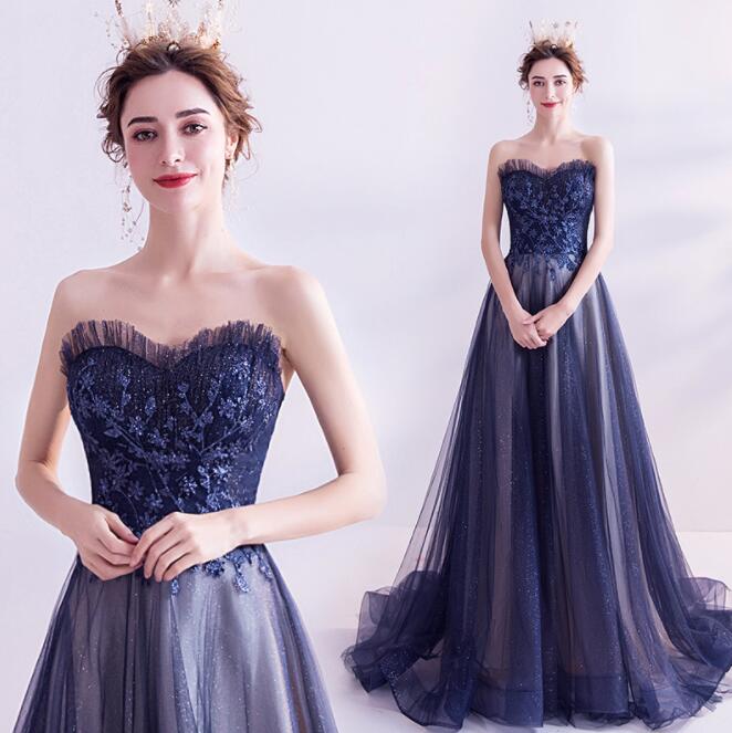 パーティドレス ロング丈 マキシ丈 青 紺色系 カラードレス 星空 きらきら スパンコール ロングドレス パーティー 発表会 演奏会 ロング フリル ドレス スレンダーライン カラードレス 編み上げ