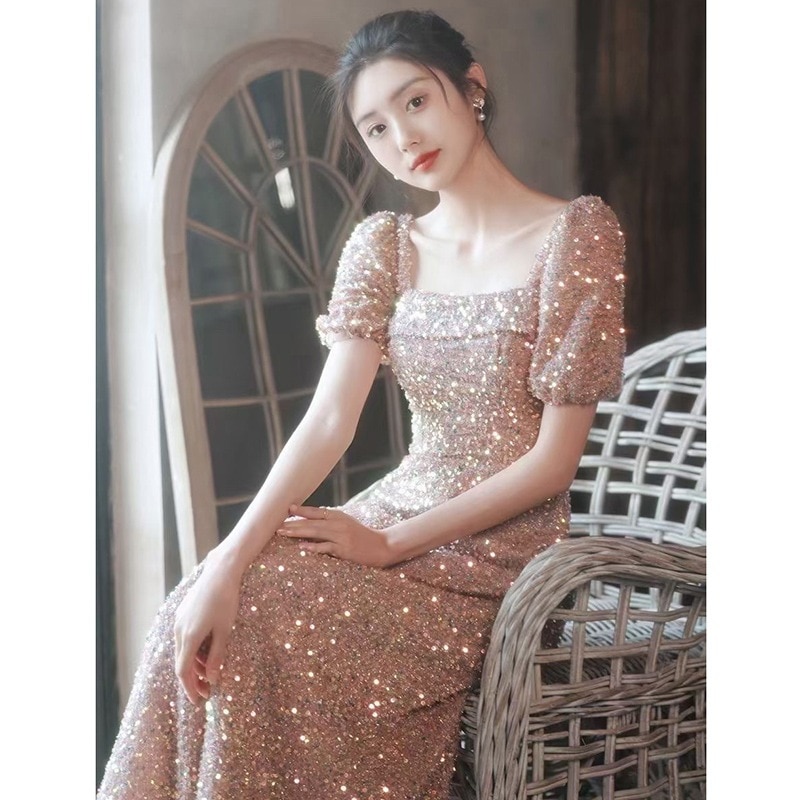 イブニングドレススパンコール付きホストドレスバンケットフェミニン