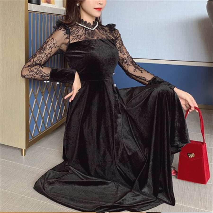 ロングドレス ドレス dress 衣装 ワンピース パーティードレス パーティドレス ロング ロング丈 膝下 ミモレ ミモレ丈 袖あり 長袖 ハイネック チョークネック Aライン フレア 7,480円