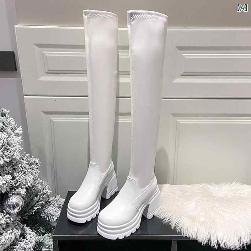 ロング ブーツ レディース ロング 膝上 ブーツ 秋冬 太い ヒール 厚底 強化 防水 靴底 薄手 弾性