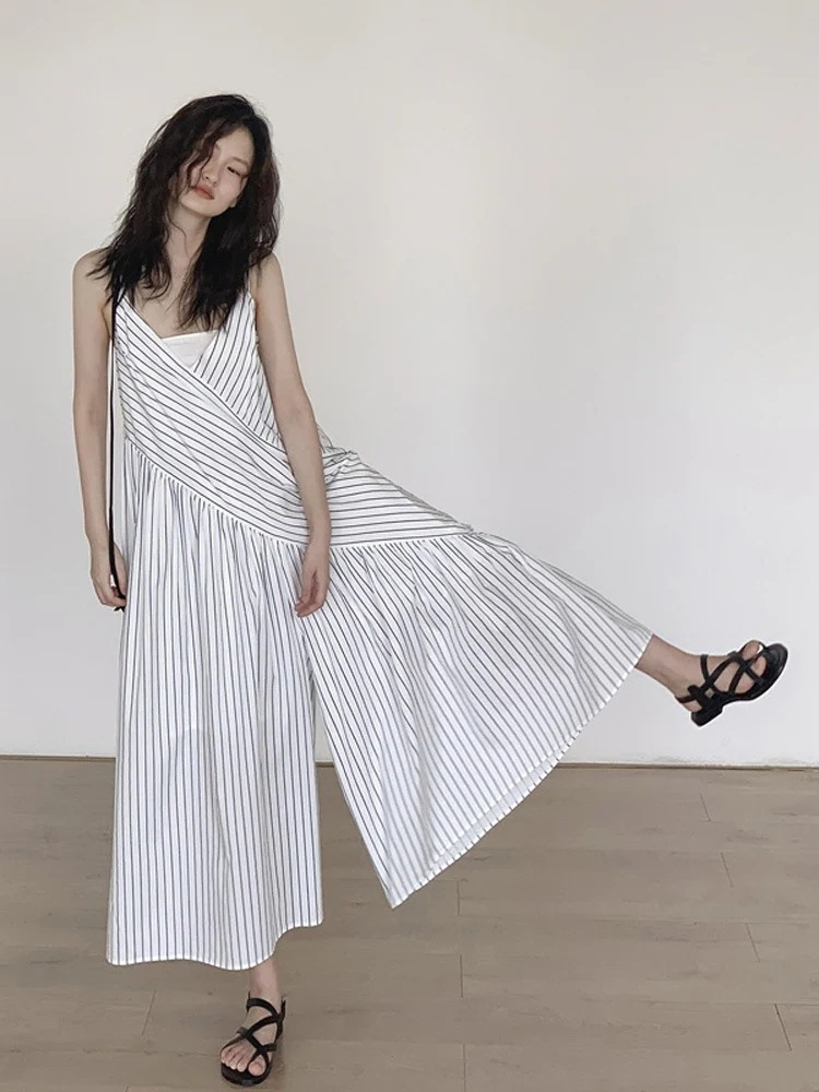 2024新作 サロペット カジュアルなストライプのキャミソールワンピースパンツ夏のワイドレッグストタイツ 百掛け 着痩せ