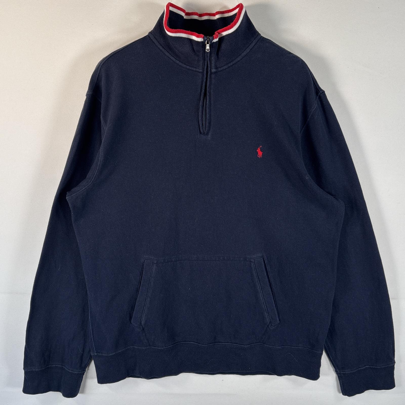 古着 ポロバイラルフローレン Polo by Ralph Lauren トレーナー プルオーバー ハーフジップ ワンポイントロゴ刺繍 L ネイビー メンズ