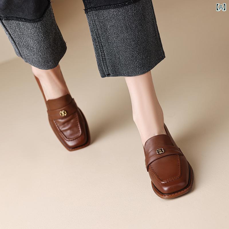 ローファー レディース オフィス レトロ 英国風 革靴 スクエアトゥ ソフトレザー 太 ヒール ミディアム ヒール シングル シューズ 通勤 スリッポン 深口