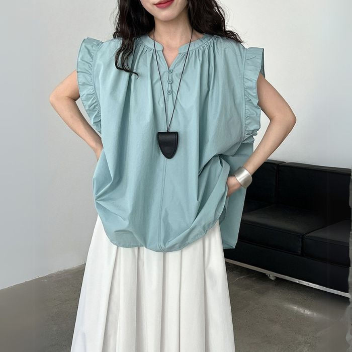 ブラウス レディース トップス ノースリーブ フレンチスリーブ シャツ フリル ゆったり 春 夏 オフィス 無地 涼しい フリル袖 プルオーバー ギャザー きれいめ 可愛い Ｖネック すっ