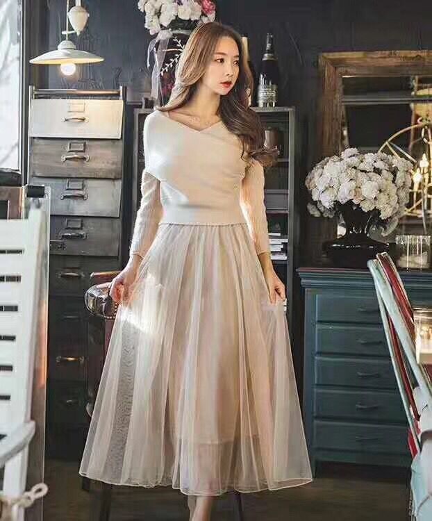 1604. チュールロングワンピース（アプリコット）2019 春夏 sale お呼ばれ パーティー レストラン 記念日 デート 結婚式