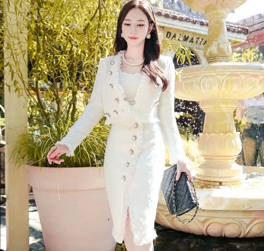 セットアップ スカート ジャケット スーツ ペンシルスカート タイトスカート 膝丈 ひざ丈 膝下 袖あり 長袖 Vネック 襟なし スリム タイト 細身 スリムフィット フリンジ ツイード 上下セット