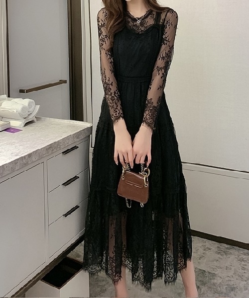 レディース ドレス ドレス パーティードレス ブラックドレス パーティー 結婚式 二次会 披露宴 フォーマル ミモレ 長袖 ラウンドネック フレア Aライン レース 刺繍