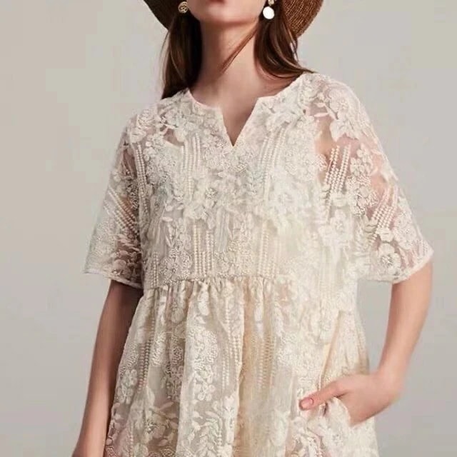 【急速出荷!】レース 女性らしく エレガントワンピース 半袖 ワンピース チュニックワンピース レディース レースワンピース 体型カバー 重ね着 春 夏 秋 春服 夏服 秋服 ぽっちゃり LL