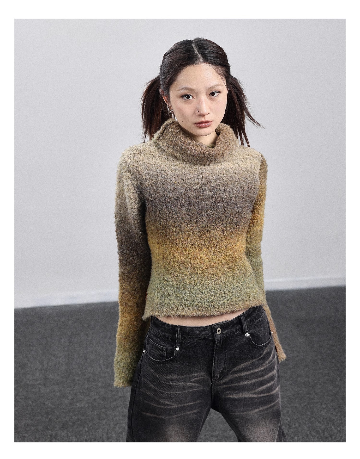 春 秋 ニット ボトム シャツ ホット スタイル カーリング ハイネック セーター 個性的 トップス ニットソー 袖あり 長袖 ハイネック 襟なし きれいめ シンプル カジュアル 大人 上品 おしゃれ