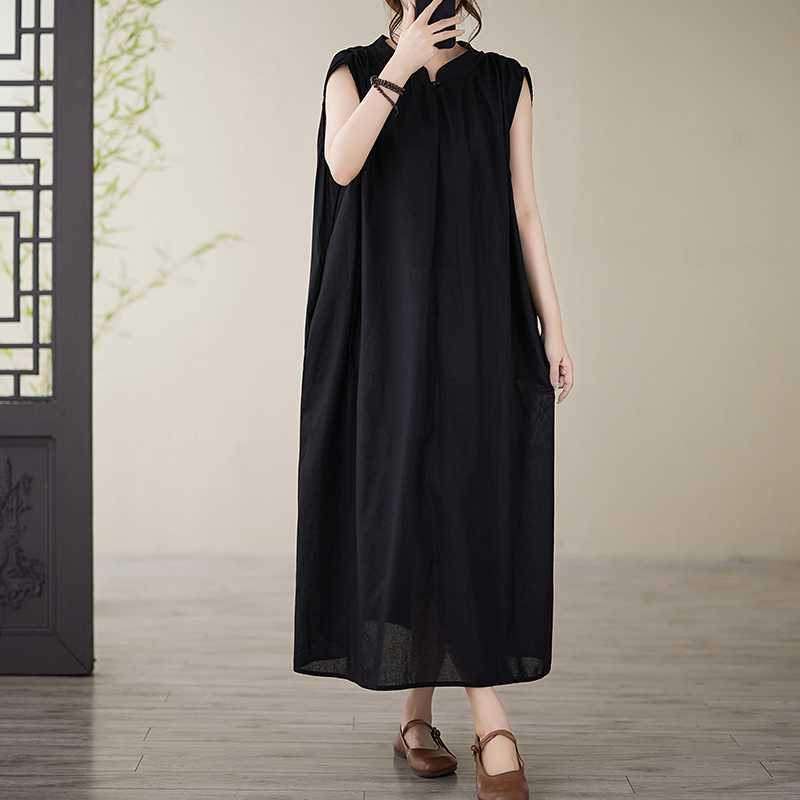 「ファットガール」 2024夏新品 レトロ 袖なしワンピース 大きいサイズ 体型カバー 無地 レディース ロングワンピース メガ割30%までに制限