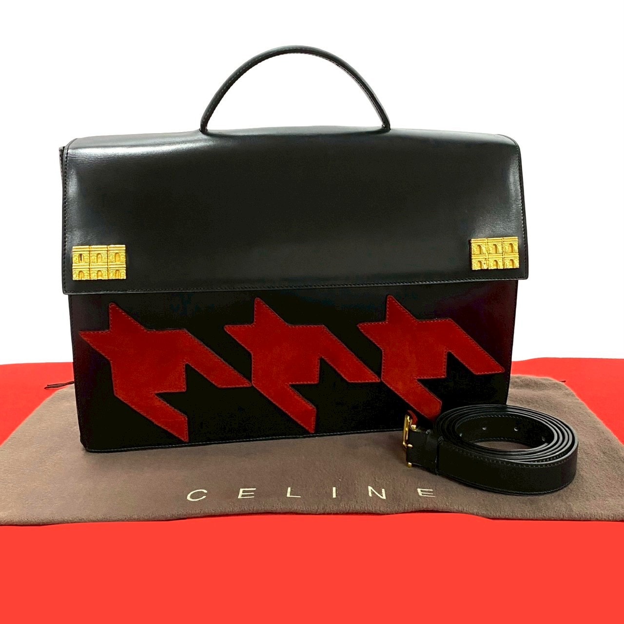 ヴィンテージ 凱旋門 モチーフ 千鳥格子ショルダーバッグ カーフ レザー ブラック 34931