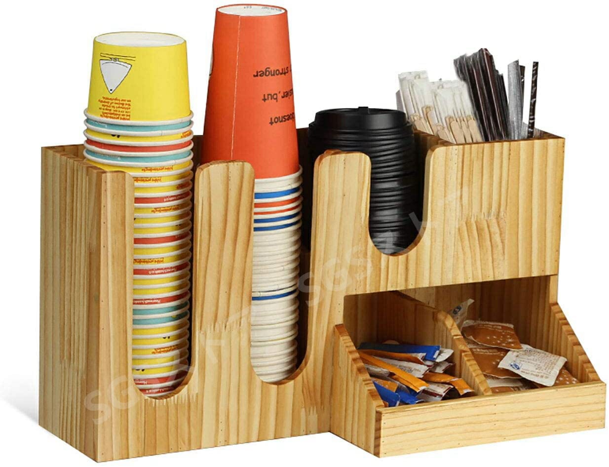 カップディスペンサー 木製 収納ラック おしゃれなカフェ風 マドラーやストローの整理