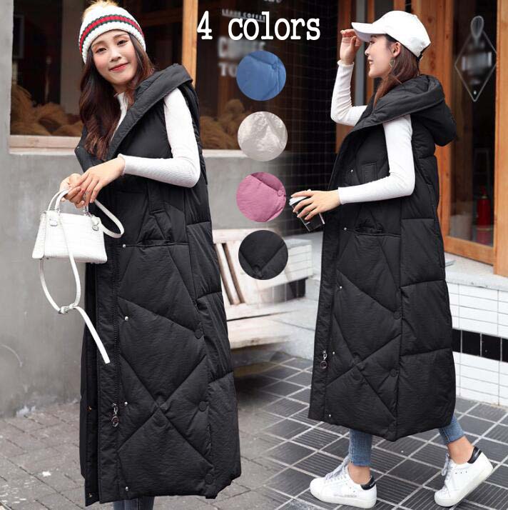 中綿ジャケット アウター レディース コート ロング丈 ダウンジャケット フード付き 袖なし ダウンコート 中綿コート きれいめ 韓国風 あったか 厚手 女性用 着痩せ シンプル 上品 冬服 防寒着