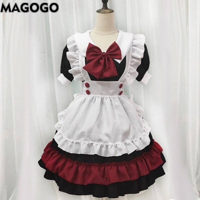 女性メイド服ロリータドレスかわいい黒赤白コスプレ弓甘い和服サイズS-XL