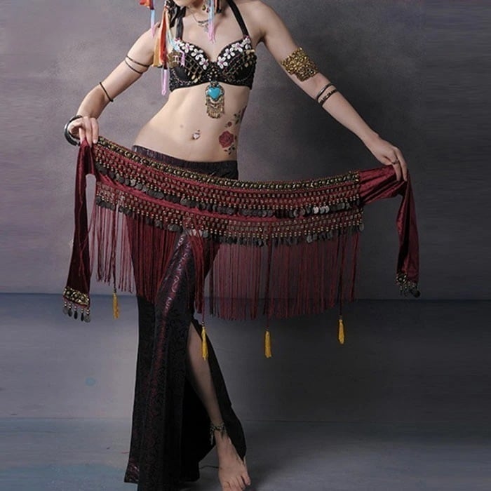 ベリーダンス衣装 ワイン ブラック コーヒー ボトムス コイン フリンジ 衣装 サンバ ウェストチェーン インドダンス　ステージ 練習着 レッスンウェア 3色入荷 【新品】