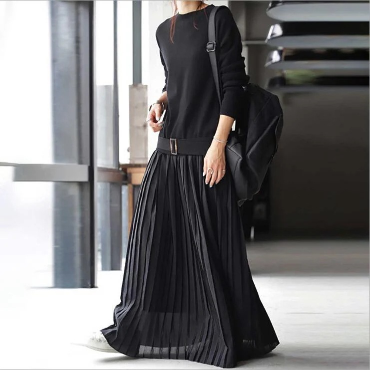 秋冬 新作 長袖 プリーツワンピース 着痩せ 体型カバー ニット ワンピース レイヤード風 Aライン ロングワンピース 重ね風 ロング丈 レディース シンプル 切り替7