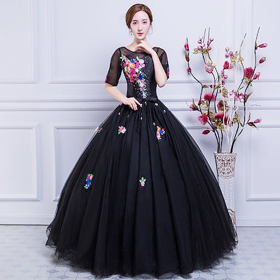 ロングドレス 演奏会 パーティードレス ブラックドレス レディース 結婚式Vネック ロング丈 発表会 お呼ばれ 二次会 披露宴 上品 高級 黒 マキシ丈5分袖成人式 ロングドレス 演奏会 カラードレス 黒 パーティードレス