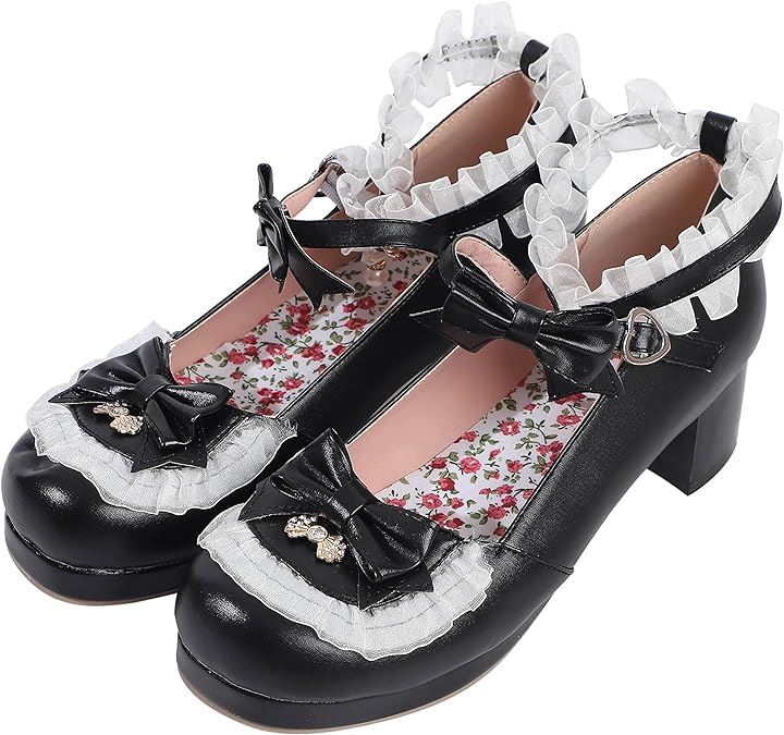 ぴゅありぼん 大きいサイズ リボン付き 厚底 ロリータ パンプス ボウストラップ ロリータ靴 24.0 cm( ブラック, 24.0 cm)