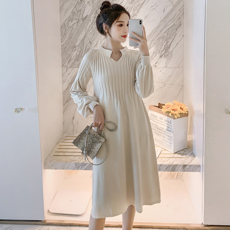 【送料無料】マタニティ ワンピース ロング ニットワンピース パフスリーブ 無地 ロング