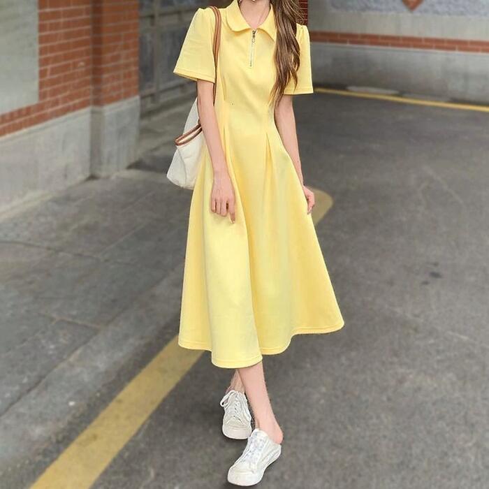 ワンピース 袖あり ハーフジップ ポロワンピ レディース きれいめ カジュアル おしゃれ 半袖 大人 可愛い フェミニン ハイウエスト ウエストタック ミモレ丈 体型カバー シンプル イエロー ブラッ 6,320円