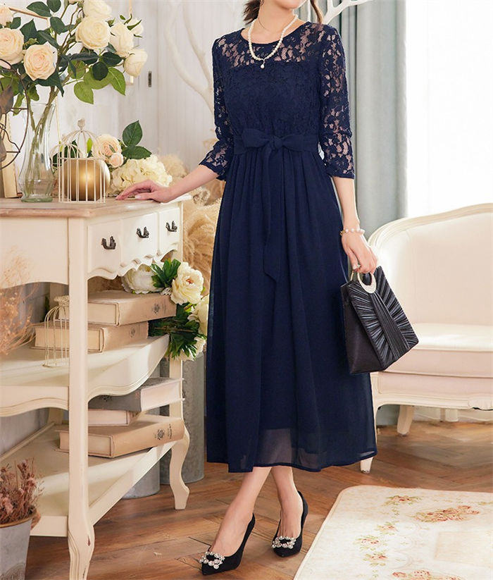 パーティードレス ロングワンピース 結婚式 ワンピース ロング丈 大きいサイズ フォーマル レース リボン ドレス マキシ きれいめ 楽チン ゆったり レディース パーティー 袖あり 春秋 大人 可愛