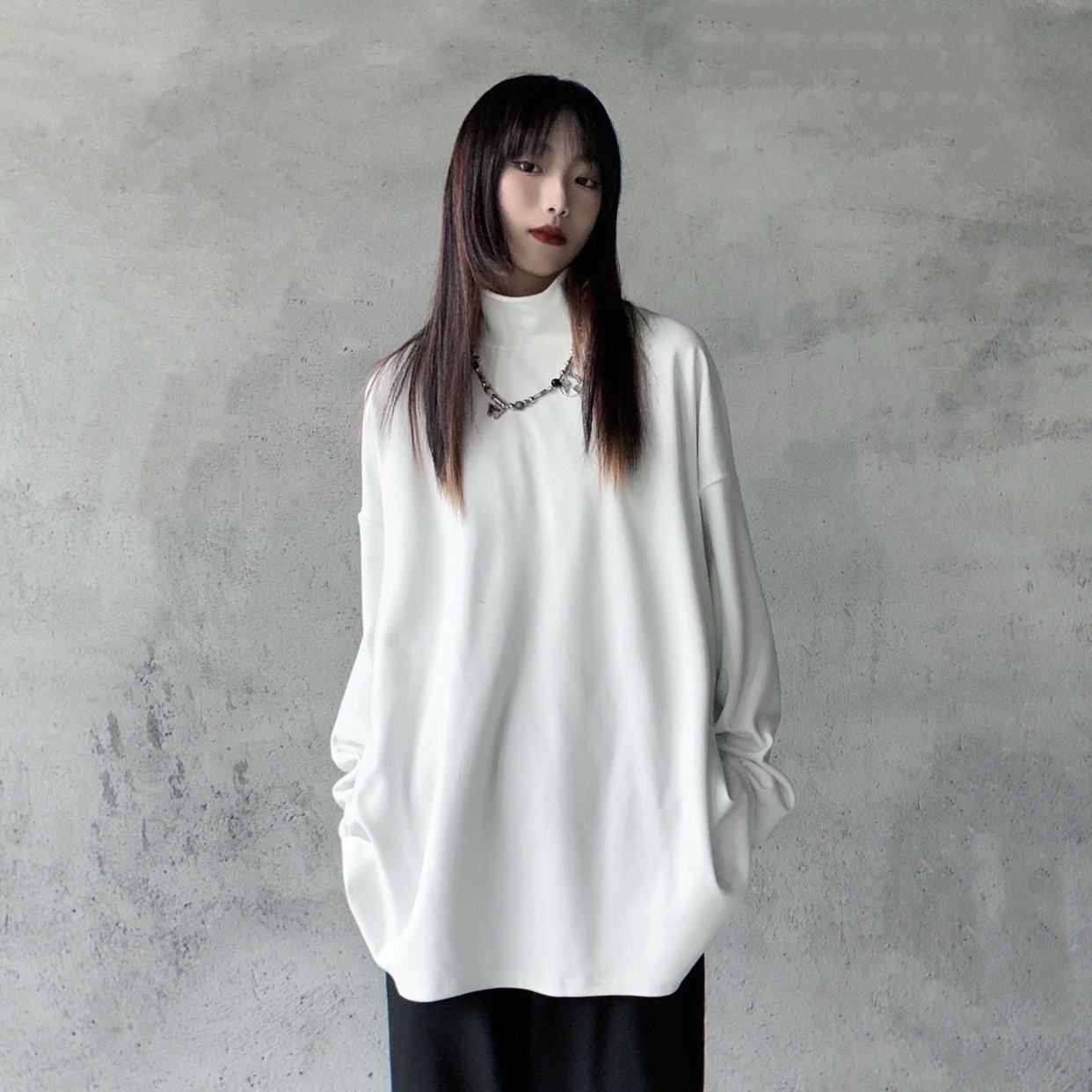 トップス Tシャツ カットソー ビッグT 袖あり 長袖 ハイネック タートルネック ストレート Iライン きれいめ シンプル カジュアル 大人 おしゃれ お洒落 かっこいい こなれ感 ラフ