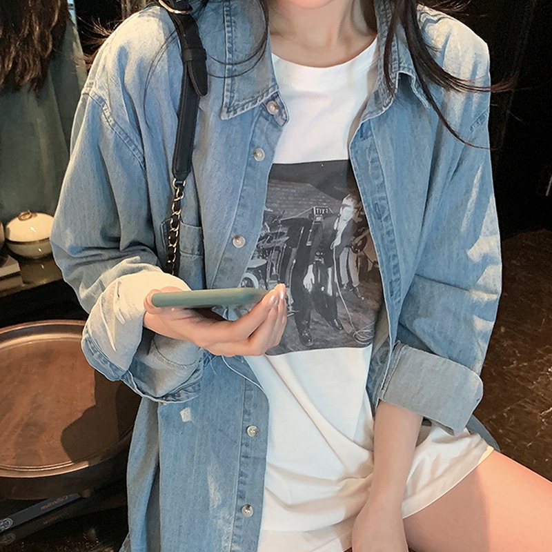 デニムシャツ トップス シャツ シンプル ブルー 青 レギュラー丈 袖あり 長袖 襟付き