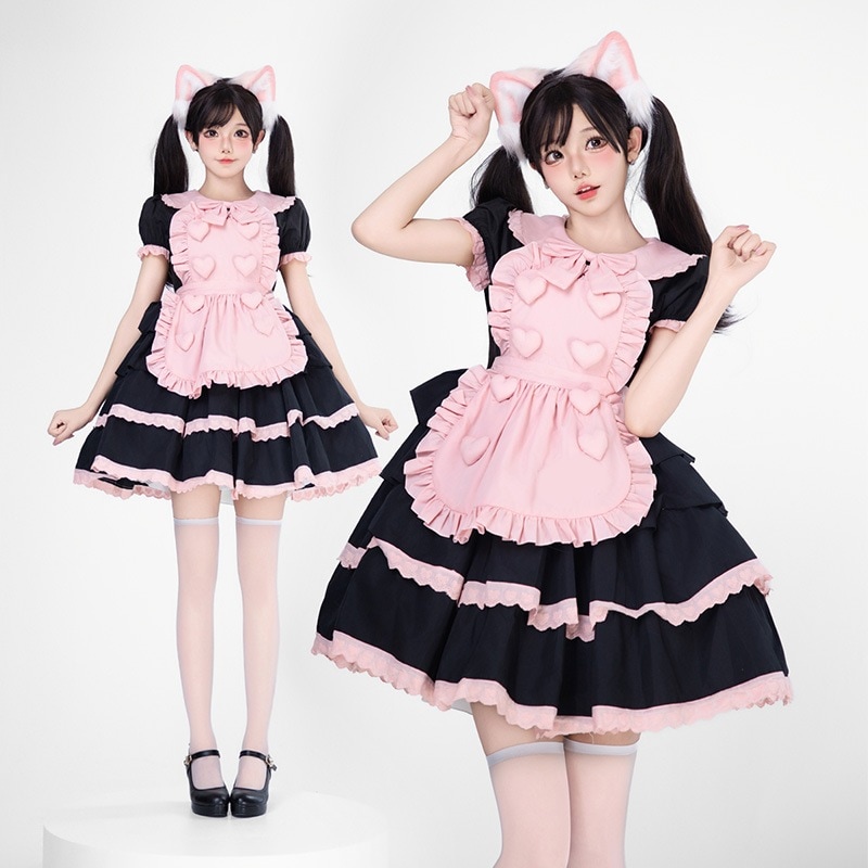 【1点ご購入 で10点プレゼントいたします】黒ピンクのロリータワンピース甘い美人召使いに猫のハートプリンセスコスプレ衣装