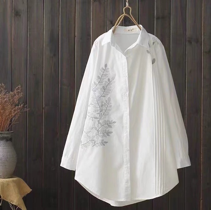 レディース トップス シャツ ブラウス 前開き ロング 長袖 フェミニン ストリート 刺繍 かわいい 大人可愛い きれいめ シンプル カジュアル 上品 おしゃれ かっこいい レトロ アジアン