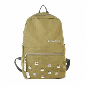 クスグルジャパン 撥水加工 刺繍ワッシャーバッグ リュック ネコまるけ柄 カーキ 24-7606