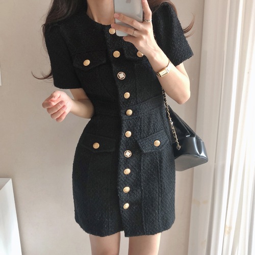 送料0円! 韓ファッション カモルツイードオープン型ミニワンピース（ops1235）